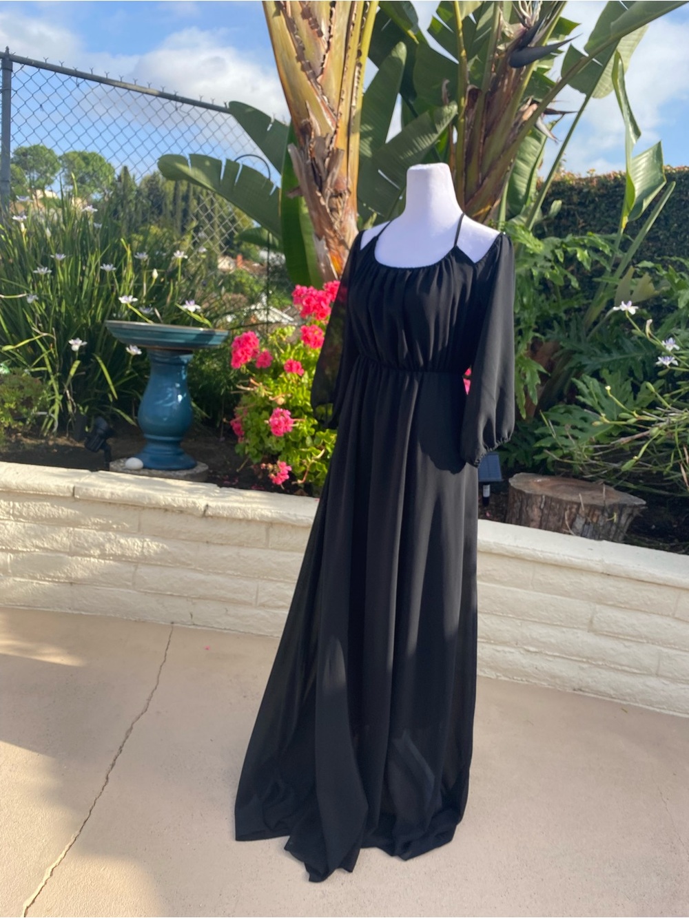 Black Cold-Shoulder Maxi Dress with Elastic Waist